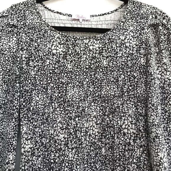 Parker Small Black White Abstract Smocking Cotton Blend Long Sleeve Mini Dress - Picture 2 of 10
